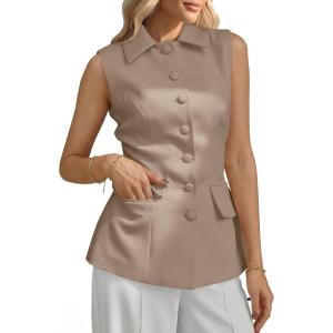 imageCicy Bell Womens Summer Suit Vest Tops Button Down Collared Blazer Waistcoats Work Office Dressy Casual Sleeveless JacketsKhaki