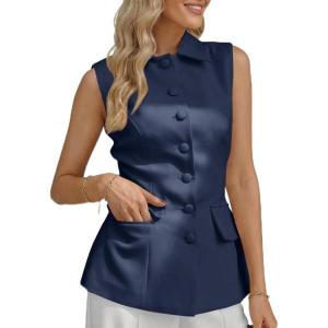 imageCicy Bell Womens Summer Suit Vest Tops Button Down Collared Blazer Waistcoats Work Office Dressy Casual Sleeveless JacketsNavy