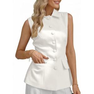 imageCicy Bell Womens Summer Suit Vest Tops Button Down Collared Blazer Waistcoats Work Office Dressy Casual Sleeveless JacketsWhite