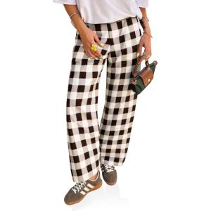 imageCicy Bell Womens Wide Leg Palazzo Pants Casual Baggy Elastic Plaid Pants High Wiasted Y2K Trousers with PocketsBrown