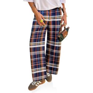imageCicy Bell Womens Wide Leg Palazzo Pants Casual Baggy Elastic Plaid Pants High Wiasted Y2K Trousers with PocketsDark Blue