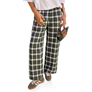 imageCicy Bell Womens Wide Leg Palazzo Pants Casual Baggy Elastic Plaid Pants High Wiasted Y2K Trousers with PocketsDeep Green