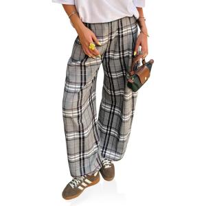 imageCicy Bell Womens Wide Leg Palazzo Pants Casual Baggy Elastic Plaid Pants High Wiasted Y2K Trousers with PocketsGrey