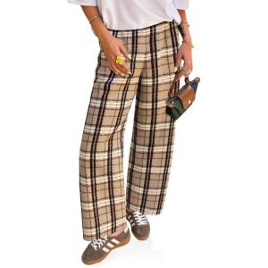 imageCicy Bell Womens Wide Leg Palazzo Pants Casual Baggy Elastic Plaid Pants High Wiasted Y2K Trousers with PocketsKhaki