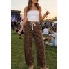 imageCicy Bell Womens Leopard Barrel Jeans High Waisted Drawstring Cropped Wide Leg Cheetah Print Denim Pants with PocketsBrown