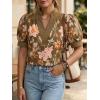imageCicy Bell Womens Puff Short Sleeve Blouses Summer Casual Dressy V Neck Contrast Stitch Tops Loose Fit ShirtsBrown Print