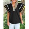 imageCicy Bell Womens Ruffle Cap Sleeve Tops Color Block V Neck Dressy Casual Blouses Summer Pleated Loose Fit ShirtsBlue Black