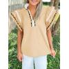 imageCicy Bell Womens Ruffle Cap Sleeve Tops Color Block V Neck Dressy Casual Blouses Summer Pleated Loose Fit ShirtsCamel Beige