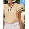 imageCicy Bell Womens Ruffle Cap Sleeve Tops Color Block V Neck Dressy Casual Blouses Summer Pleated Loose Fit ShirtsCamel Beige