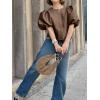 imageCicy Bell Womens Silk Satin Button Down Shirts Summer Puff Short Sleeve Crew Neck Crop Tops Loose Fit Casual Dressy BlouseBrown