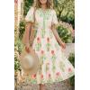 imageCicy Bell Womens Summer Floral Print Maxi Dress A Line Puff Short Sleeve V Neck Boho Dresses Flowy Beach Vacation OutfitsBeige