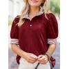 imageCicy Bell Womens Summer Puff Sleeve Blouses Casual Dressy Ruffle V Neck Tops Color Block Striped Loose Fit Button Polo ShirtsBurgundy
