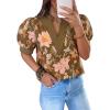 imageCicy Bell Womens Puff Short Sleeve Blouses Summer Casual Dressy V Neck Contrast Stitch Tops Loose Fit ShirtsBrown Print