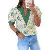 imageCicy Bell Womens Puff Short Sleeve Blouses Summer Casual Dressy V Neck Contrast Stitch Tops Loose Fit ShirtsGreen Print