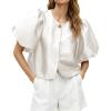 imageCicy Bell Womens Silk Satin Button Down Shirts Summer Puff Short Sleeve Crew Neck Crop Tops Loose Fit Casual Dressy BlouseBeige