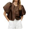 imageCicy Bell Womens Silk Satin Button Down Shirts Summer Puff Short Sleeve Crew Neck Crop Tops Loose Fit Casual Dressy BlouseBrown