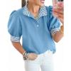 imageCicy Bell Womens Summer Puff Sleeve Blouses Casual Dressy Ruffle V Neck Tops Color Block Striped Loose Fit Button Polo ShirtsSky Blue
