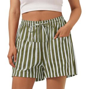 imageAoysky Womens Striped Lounge Shorts High Waisted Drawstring Casual Summer Shorts Color Block Beach Bottoms with PocketsArmy Green