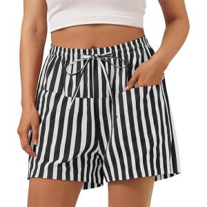 imageAoysky Womens Striped Lounge Shorts High Waisted Drawstring Casual Summer Shorts Color Block Beach Bottoms with PocketsBlack