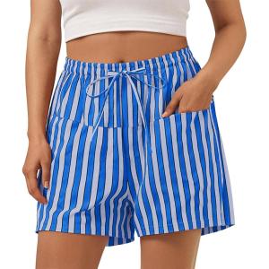 imageAoysky Womens Striped Lounge Shorts High Waisted Drawstring Casual Summer Shorts Color Block Beach Bottoms with PocketsBlue