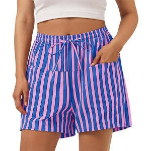 imageAoysky Womens Striped Lounge Shorts High Waisted Drawstring Casual Summer Shorts Color Block Beach Bottoms with PocketsPink