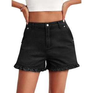 imageAoysky Womens Summer Ruffle Denim Shorts Cute High Waisted Cotton Short Jeans with PocketsBlack
