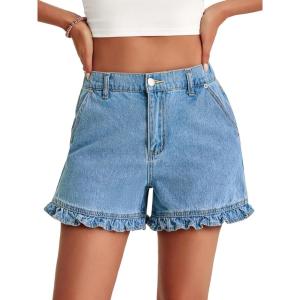 imageAoysky Womens Summer Ruffle Denim Shorts Cute High Waisted Cotton Short Jeans with PocketsBlue