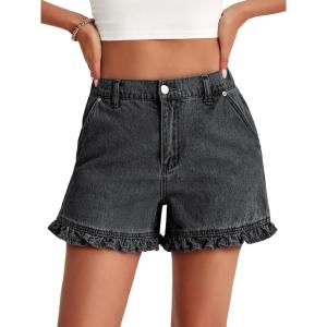 imageAoysky Womens Summer Ruffle Denim Shorts Cute High Waisted Cotton Short Jeans with PocketsGrey