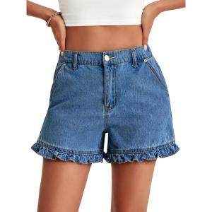 imageAoysky Womens Summer Ruffle Denim Shorts Cute High Waisted Cotton Short Jeans with PocketsJean Blue