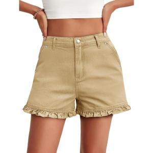 imageAoysky Womens Summer Ruffle Denim Shorts Cute High Waisted Cotton Short Jeans with PocketsKhaki