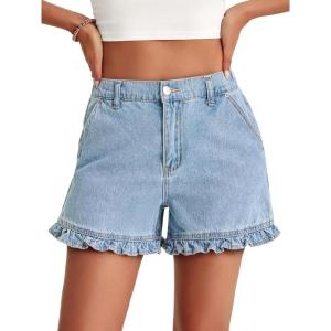 imageAoysky Womens Summer Ruffle Denim Shorts Cute High Waisted Cotton Short Jeans with PocketsLight Blue