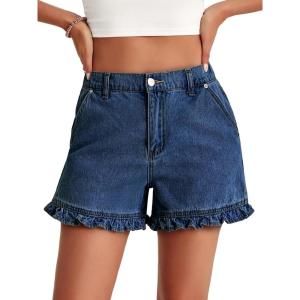 imageAoysky Womens Summer Ruffle Denim Shorts Cute High Waisted Cotton Short Jeans with PocketsNavy
