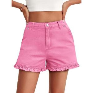 imageAoysky Womens Summer Ruffle Denim Shorts Cute High Waisted Cotton Short Jeans with PocketsPink