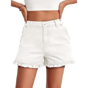 imageAoysky Womens Summer Ruffle Denim Shorts Cute High Waisted Cotton Short Jeans with PocketsWhite