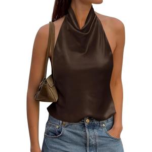 imageCicy Bell Women Summer Satin Halter Tank Tops Y2k Going Out High Mock Neck Backless Cami Shirts Cute Party Camisole TopsBrown