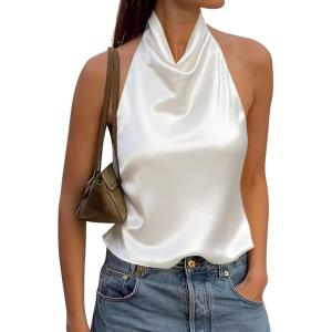 imageCicy Bell Women Summer Satin Halter Tank Tops Y2k Going Out High Mock Neck Backless Cami Shirts Cute Party Camisole TopsWhite