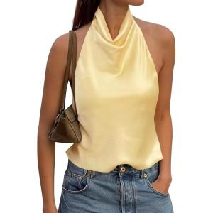 imageCicy Bell Women Summer Satin Halter Tank Tops Y2k Going Out High Mock Neck Backless Cami Shirts Cute Party Camisole TopsYellow