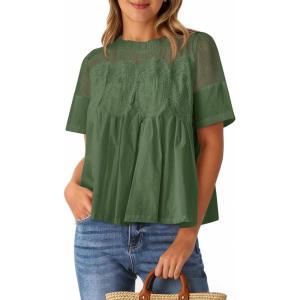 imageCicy Bell Womens Babydoll Lace Blouses Short Sleeve Ruffle Crew Neck Peplum Tops Dressy Casual Loose Fit ShirtsArmy Green