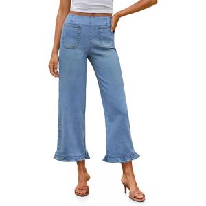 imageCicy Bell Womens Cropped High Waisted Jeans Baggy Wide Leg Stretchy Capris Ruffle Flare Denim Pants with PocketsBlue