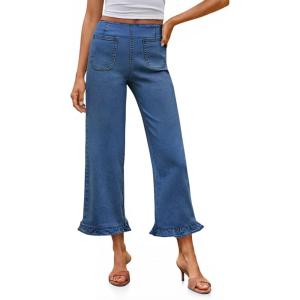 imageCicy Bell Womens Cropped High Waisted Jeans Baggy Wide Leg Stretchy Capris Ruffle Flare Denim Pants with PocketsNavy