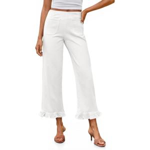 imageCicy Bell Womens Cropped High Waisted Jeans Baggy Wide Leg Stretchy Capris Ruffle Flare Denim Pants with PocketsWhite