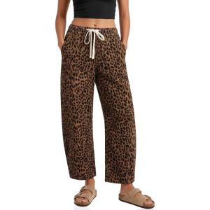 imageCicy Bell Womens Leopard Barrel Jeans High Waisted Drawstring Cropped Wide Leg Cheetah Print Denim Pants with PocketsBrown
