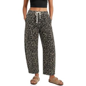 imageCicy Bell Womens Leopard Barrel Jeans High Waisted Drawstring Cropped Wide Leg Cheetah Print Denim Pants with PocketsBrown Leopard