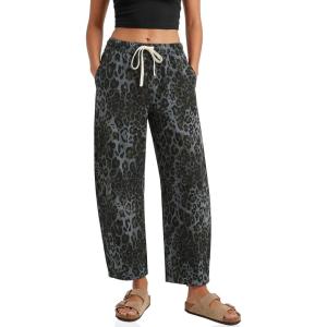 imageCicy Bell Womens Leopard Barrel Jeans High Waisted Drawstring Cropped Wide Leg Cheetah Print Denim Pants with PocketsGrey