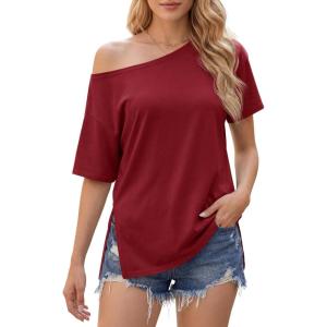imageCicy Bell Womens Oversized TShirts Short Sleeve Summer Casual One Shoulder Tops Side Split Loose Fit TeesWine Red