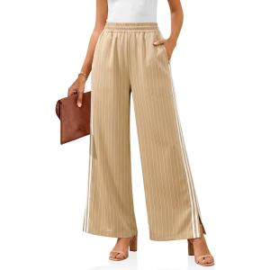 imageCicy Bell Womens Palazzo Striped Pants Wide Leg High Waisted Baggy Business Casual Side Split Elastic Y2K Lounge TrousersKhaki