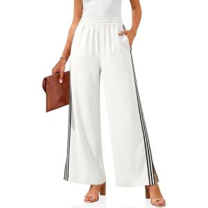 imageCicy Bell Womens Palazzo Striped Pants Wide Leg High Waisted Baggy Business Casual Side Split Elastic Y2K Lounge TrousersWhite