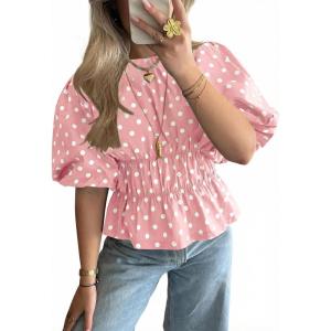 imageCicy Bell Womens Polka Dots Peplum Tops Summer Puff Short Sleeve Round Neck Blouses Trendy Casual ShirtsPink