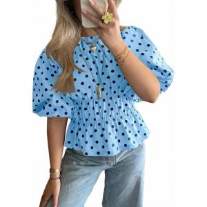 imageCicy Bell Womens Polka Dots Peplum Tops Summer Puff Short Sleeve Round Neck Blouses Trendy Casual ShirtsSky Blue