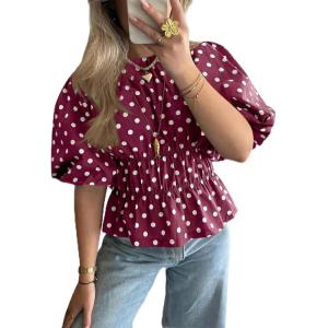 imageCicy Bell Womens Polka Dots Peplum Tops Summer Puff Short Sleeve Round Neck Blouses Trendy Casual ShirtsWine Red